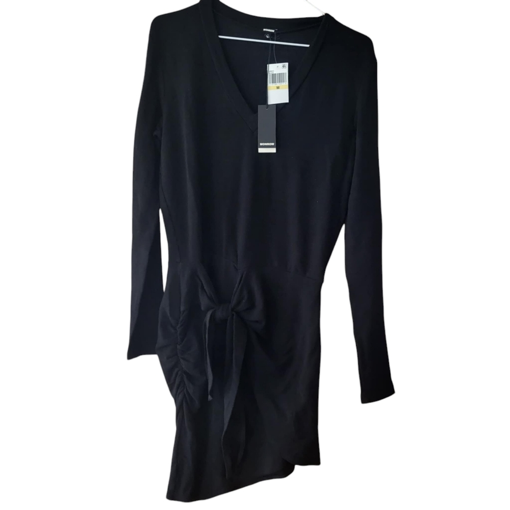 MONROW NWT WOMENS M MIDI BLACK DRESS LONG SLEEVE BOW TIE